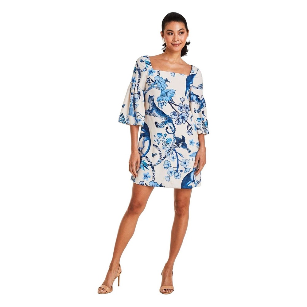 Mestiza‎ New York Vivienne Mini Dress Blue Ivory Monkey Toile Bell Sleeve S NWT